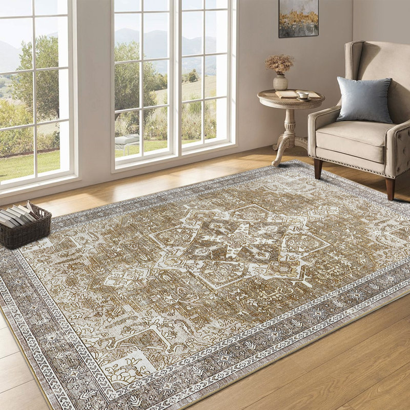 Tapis de salon en chenille léger antidérapant et lavable à la machine, Beige, Rectangle 8' x 10'