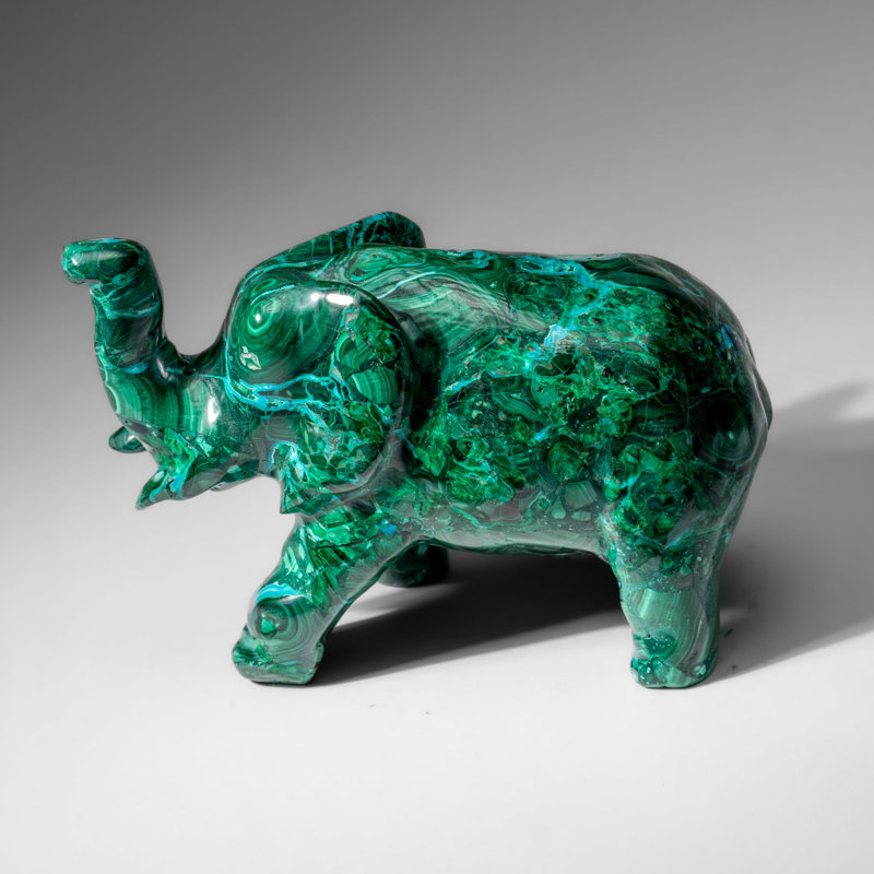 Véritable sculpture d'éléphant malachite polie (3,9 lb), 4" H x 3" W x 6.5" D