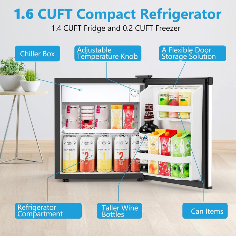  COWSAR 1.6 Cu.ft Mini Fridge, Compact Single Reversible Door Refrigerator, Adjustable Thermostat, Quiet, Energy Efficient for Office, Dorm, Bedroom, Apartment -Silver