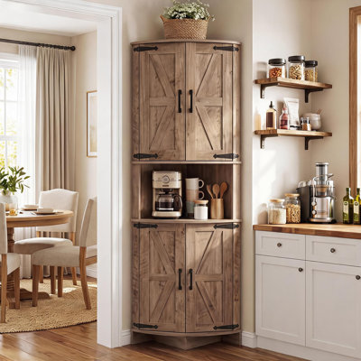 Grand garde-manger de coin autoportant peu encombrant, armoire de rangement rustique mince avec porte de style grange, rangement moderne pour la cuisine, la salle de bain et le salon, gris