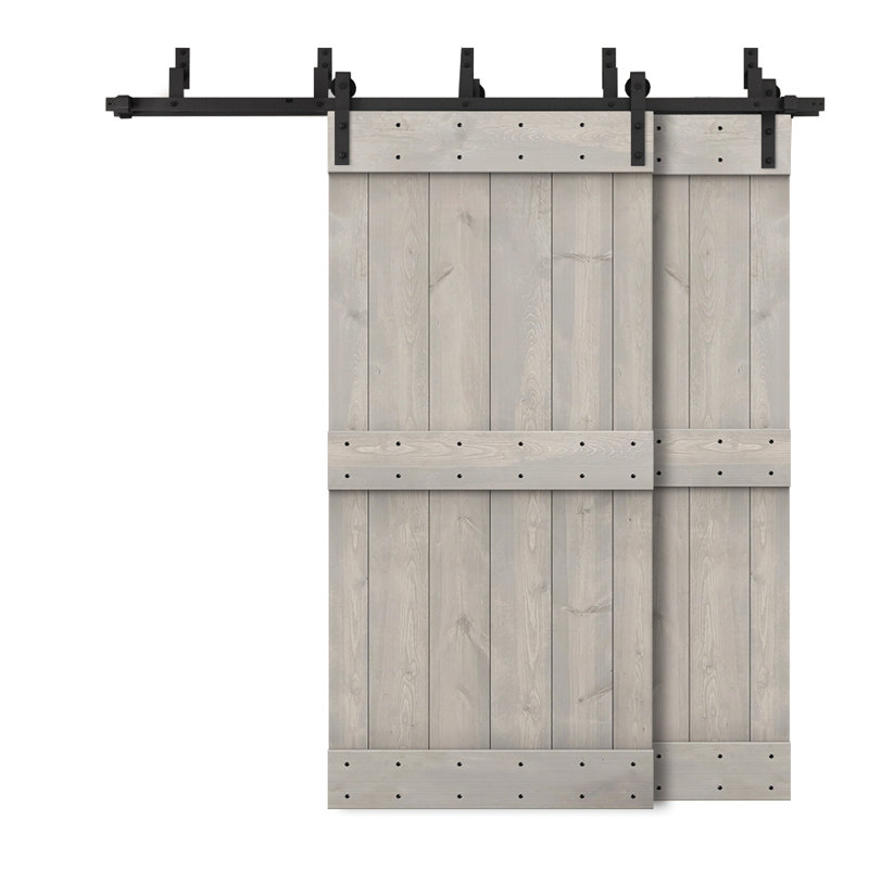 Porte de grange double à panneaux en bois teinté à panneau Mid-Bar, 68 po x 84 po, Gris argenté