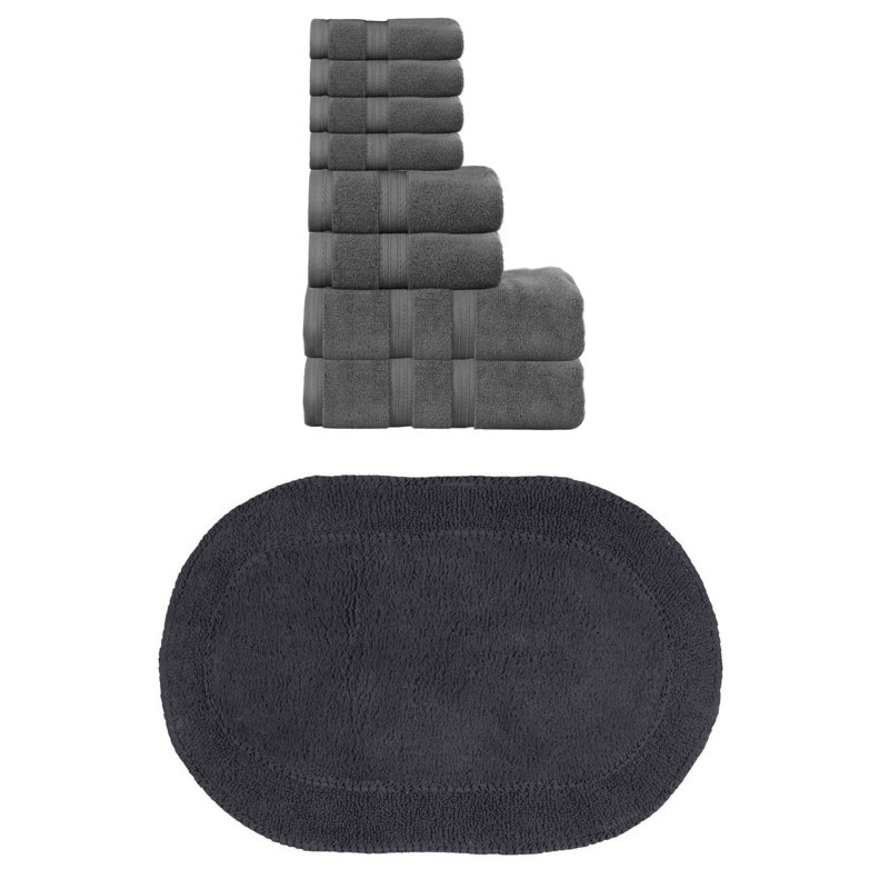 Brunk Collection 100% Soft Cotton Bath Towel Set & Bath Rug, 9 Piece Towel Set, Dark Gray