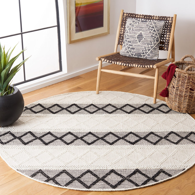 Tapis géométrique en laine / coton tissé à la main en ivoire / noir, Rond 6 pi