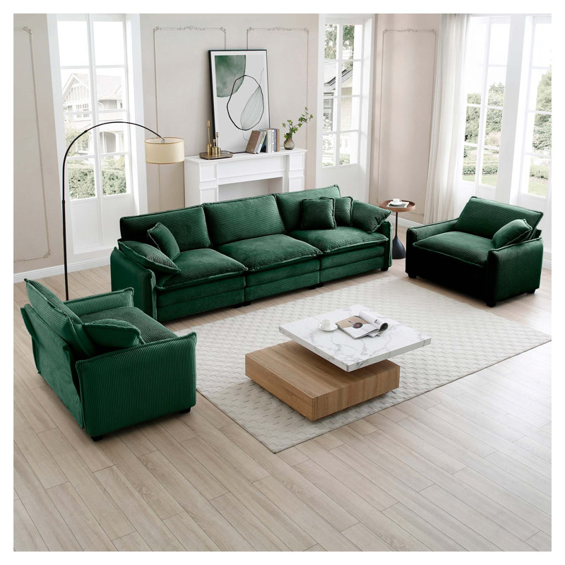 Ensemble de canapé en velours côtelé vert émeraude 5 pièces: canapé 3 places + 2 fauteuils simples, meubles de cinéma maison pour le salon