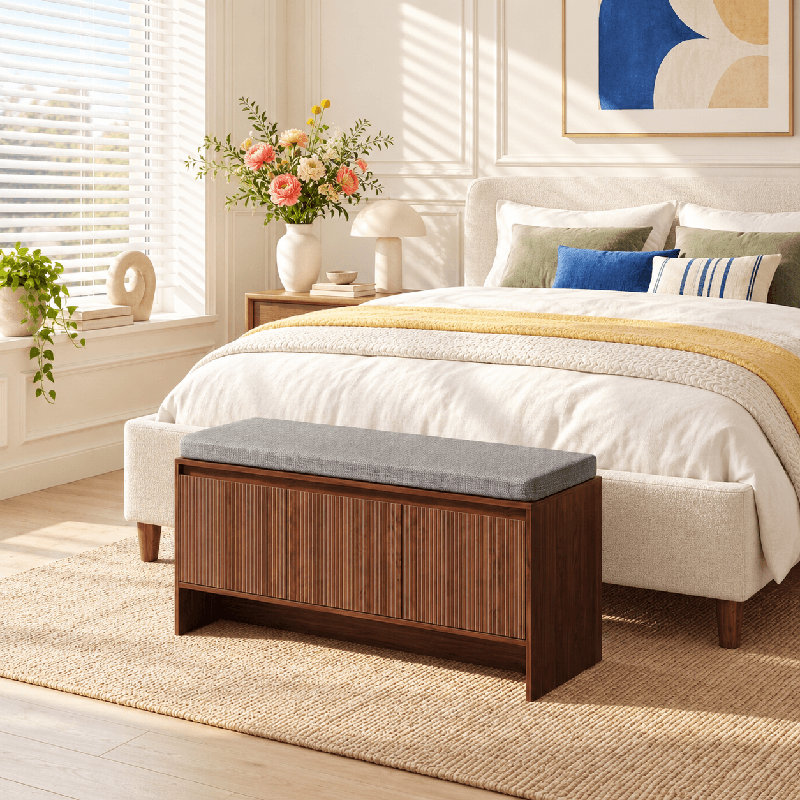 Banc cannelé de rangement pour chaussures de 25,6 po, banc de vestibule avec rangement caché pour chaussures et coussin, banc de vestibule pour vestibule, vestibule, couloir