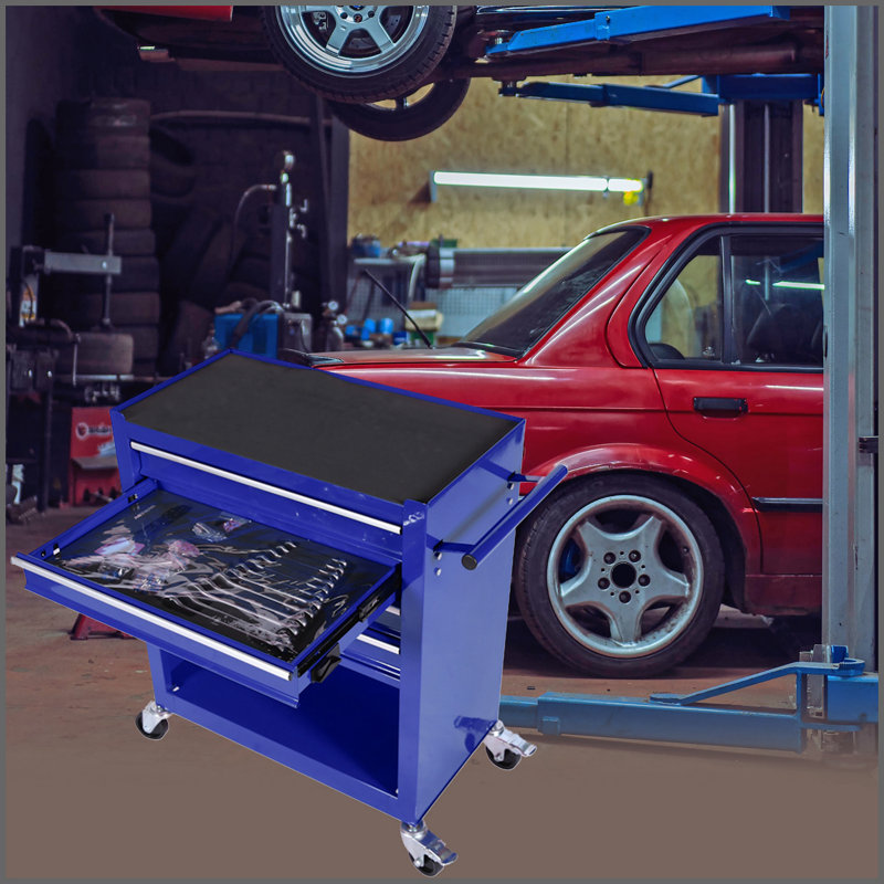 24.25" W 4 Drawer Bottom Rollaway Chest, Tool Cabinet with Tool Sets, Blue