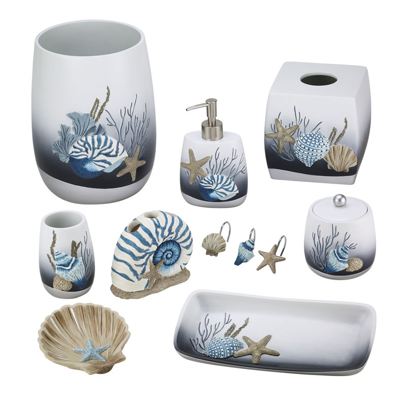 Blue and White Resin Coastal Wastebasket with Starfish