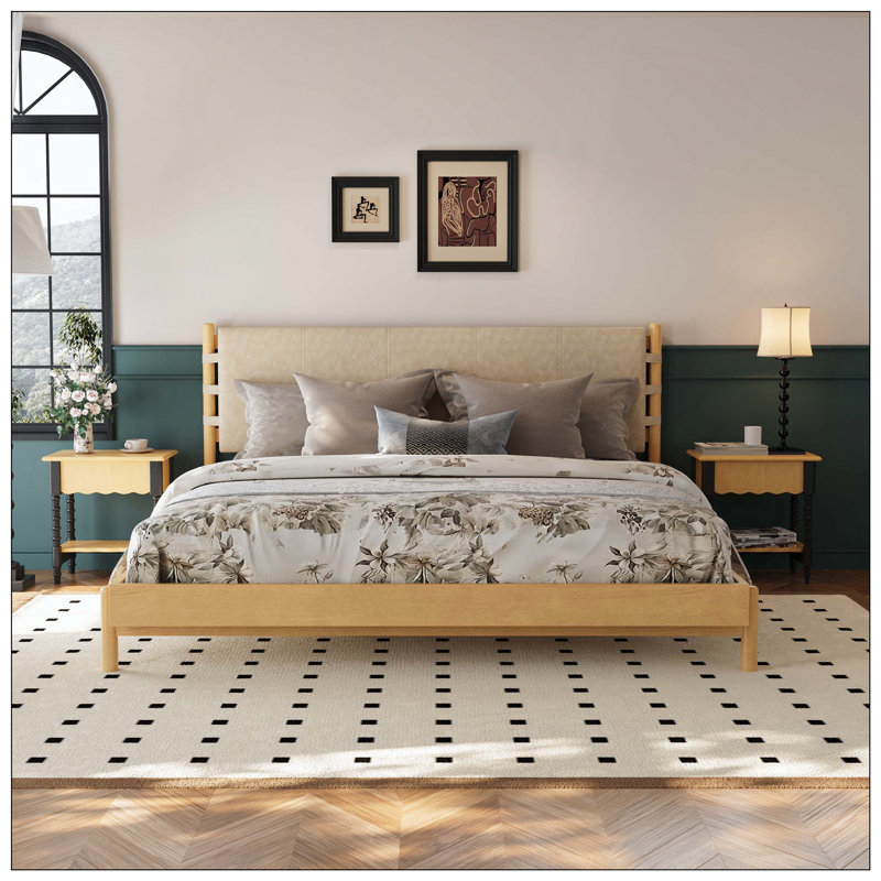 Cadre de lit plateforme en bois d'hévéa de qualité supérieure avec tête de lit incluse, lit Mid Century Modern, Beige