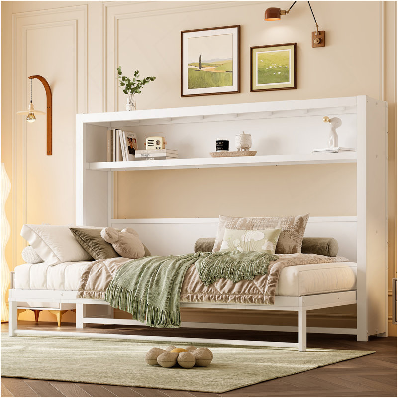 Lit escamotable simple avec tablettes, lit mural en métal au design pliable et peu encombrant, blanc