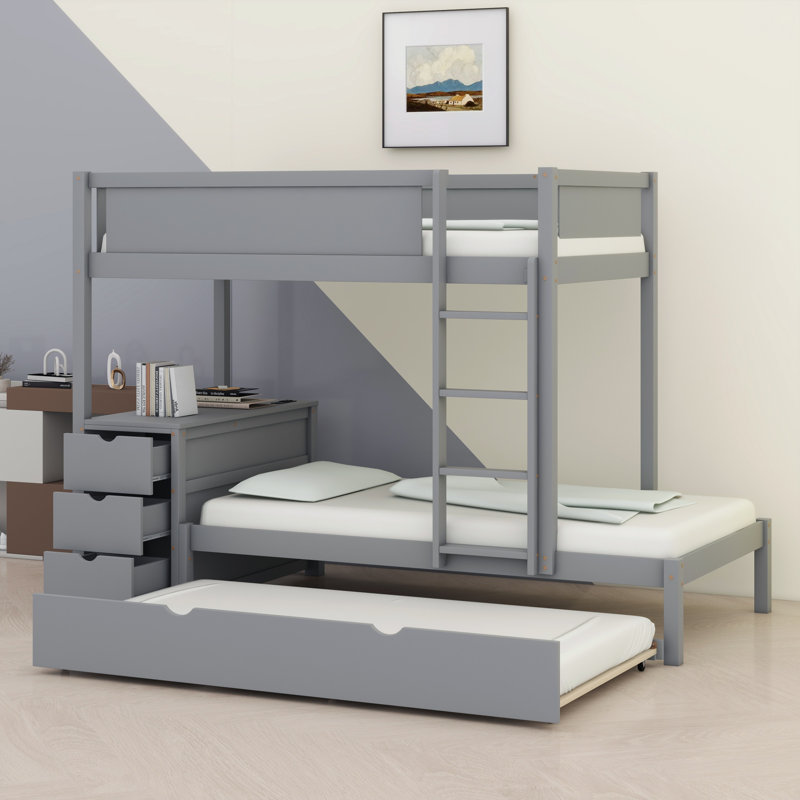 Bunk Bed With Desk, Storage Drawers And Trundle, Gray, Twin Over Twin