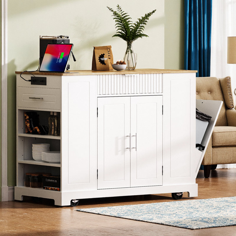 Fluted Kitchen Island with Hidden Trash Can Cabinet – Rolling Cart on 5 Wheels with Power Outlet, 3 Drawers, 3 Open Side Racks for 10 Gallon Garbage Bin, White & Natural Rubber Wood