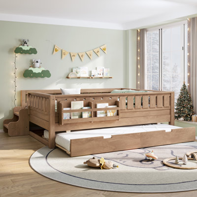 Full Size Platform Bed with Built-in Bookshelves, Small Staircase & High-Quality Safety Rails, Plus Pull-Out Trundle for Kids/Teens - Natural
