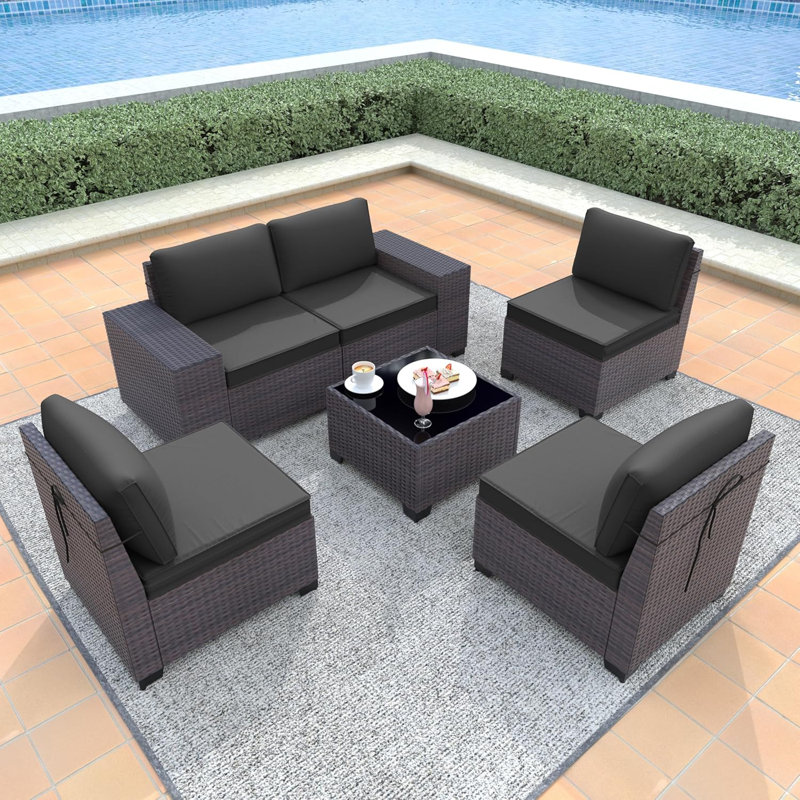 6-Piece All-Weather HDPE Rattan Outdoor Conversation Furniture Set with Cushions, Extra-Wide Armrests & Glass-Top Coffee Table