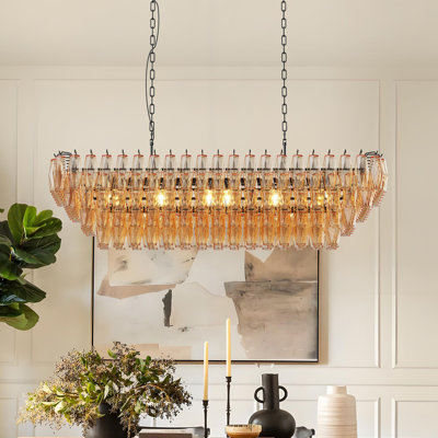 53.95 Inch 12-light Amber Glass Linear Chandelier, Modern Glam Kitchen Island Light For Dining Room