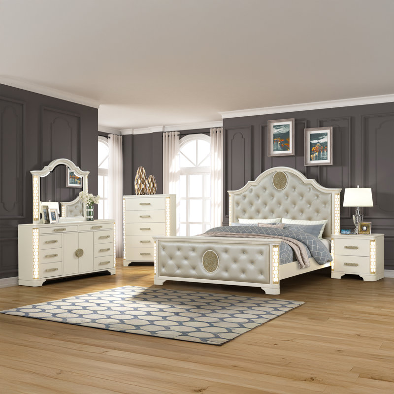 Ensemble de chambre rembourrée 5 pièces avec éclairage DEL Devien, Grand
