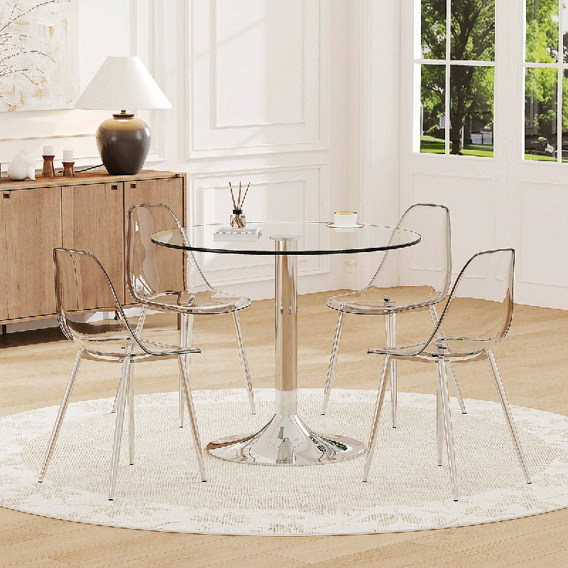 Dining Table Set For 4, 35" Glass Top Kitchen Table And Chairs For Small Spaces, Silver