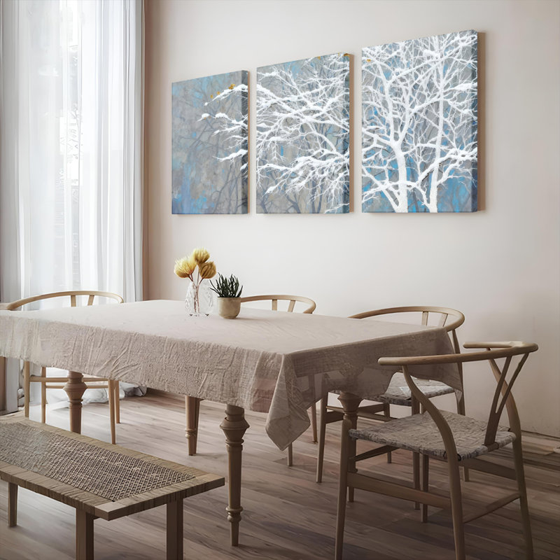 Tableau sur toile tendue représentant des branches d'arbres d'hiver et un paysage enneigé (ensemble de 3), H 18 po x l 36 po