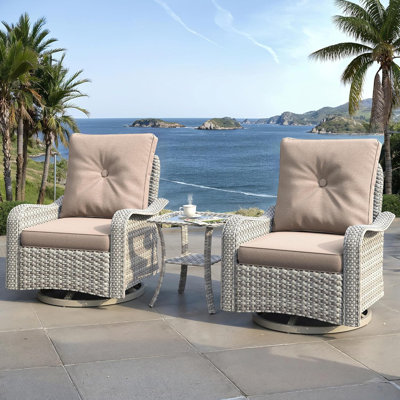 3 PieceOutdoor Wicker Swivel Glider Chairs Set With 5" Cushions And Side Table