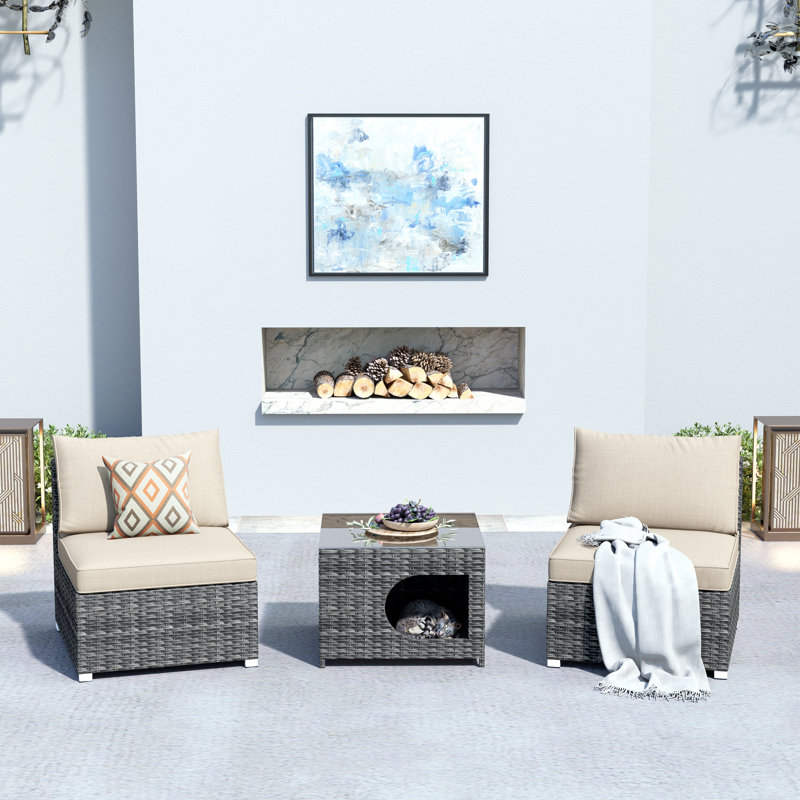 Ensemble trois pièces d'extérieur en rotin tissé avec table de bout, Beige