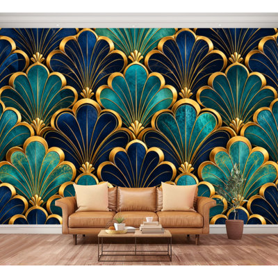 Papier peint adhésif autocollant mural classique bleu vert rétro moderne en forme d'éventail à motif de contact amovible adhésif mural pour salon Chambre à coucher H 100 po x l 144 po