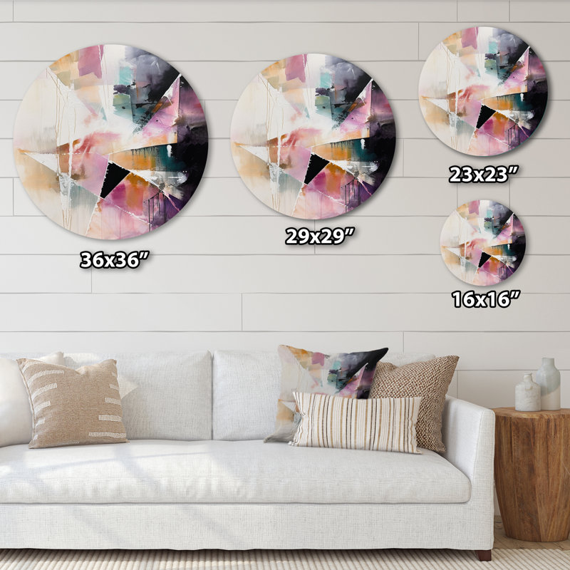 «Mauve langue des lignes II», art mural rond abstrait géométrique sur métal, H 23 po x l 23 po x P 1 po