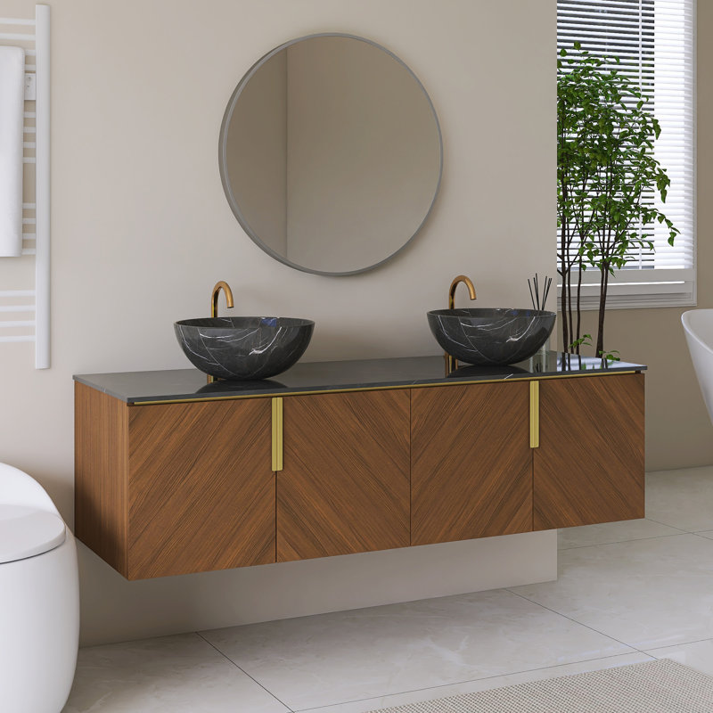 Meuble-lavabo simple 60 po en espresso avec comptoir en pierre frittée noire