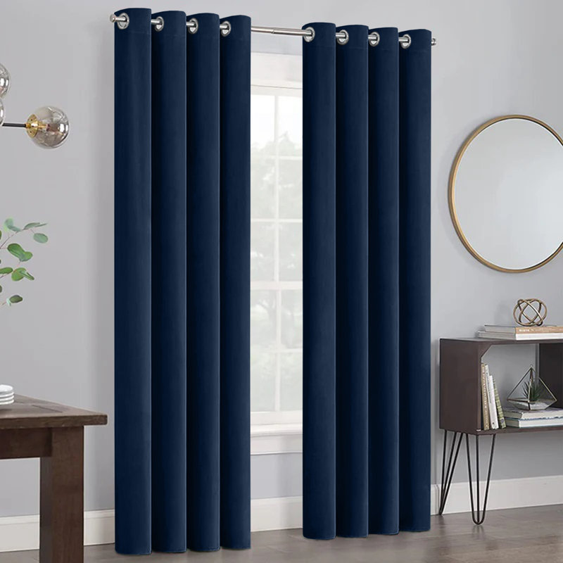 Myron Heavy Crushed Velvet Eyelet Room Darkening Thermal Drape Curtains, 117cm Width x 137cm Drop, Navy Blue