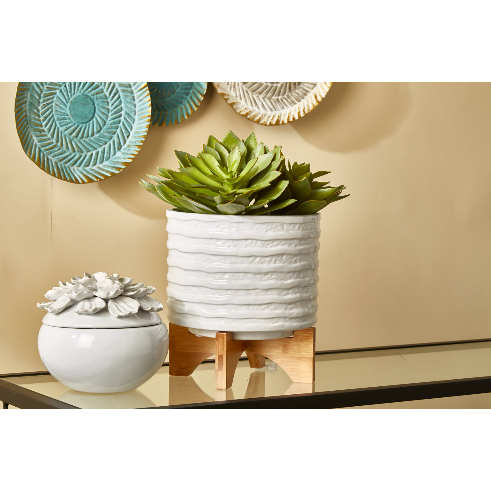 Modern Textured Ceramic Planter with Stand Indoor Outdoor, 9" H x 8" W x 8" D, Striped Blue