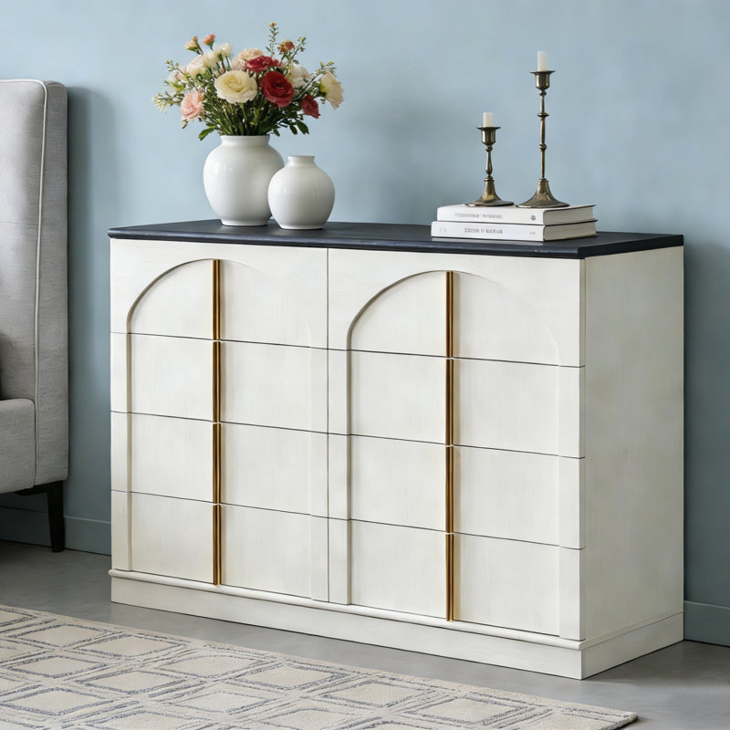 Commode moderne 8 tiroirs, commode de chambre à coucher avec panneau arqué, Blanc