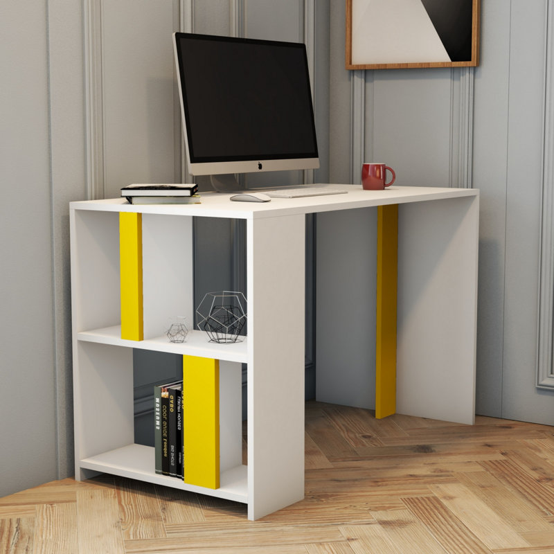 Modern Study Desk with Wall-Mount Capability, White & Yellow, 47.2 x 29.7 x 23.6 inches | 100% Melamine Coated Particle Board, Thickness: 0.7 inches | Numerous Shelves for Organization, Perfect for Home Office & Study