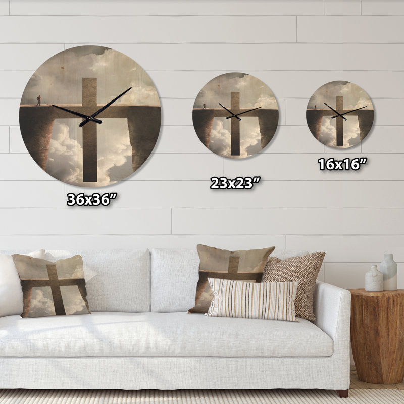 Grande croix entre deux falaises - Horloge murale spirituelle en bois, Petit