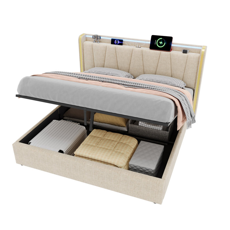 Hydraulic Upholstered Bed With Led Headboard & Storage – White Bouclé, Kingsize (5')