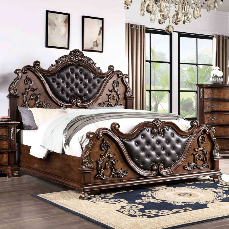 Grand lit de luxe grand, style traditionnel, cerisier brun, bois massif et bois de marbre, faux sculpté