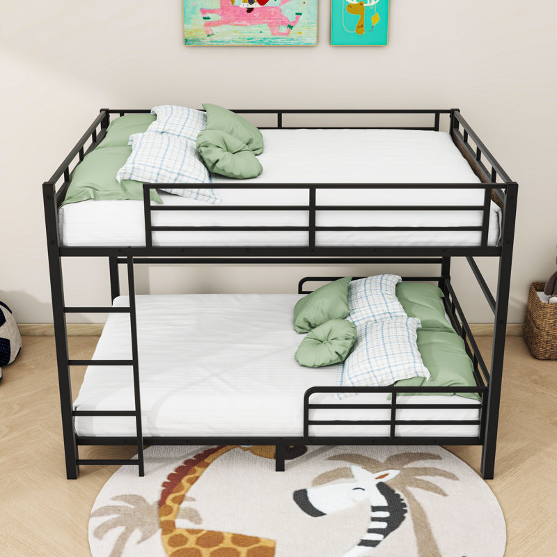 Metal Bunk Bed With Safety Rai, Vintage Wood, Queen Over Queen