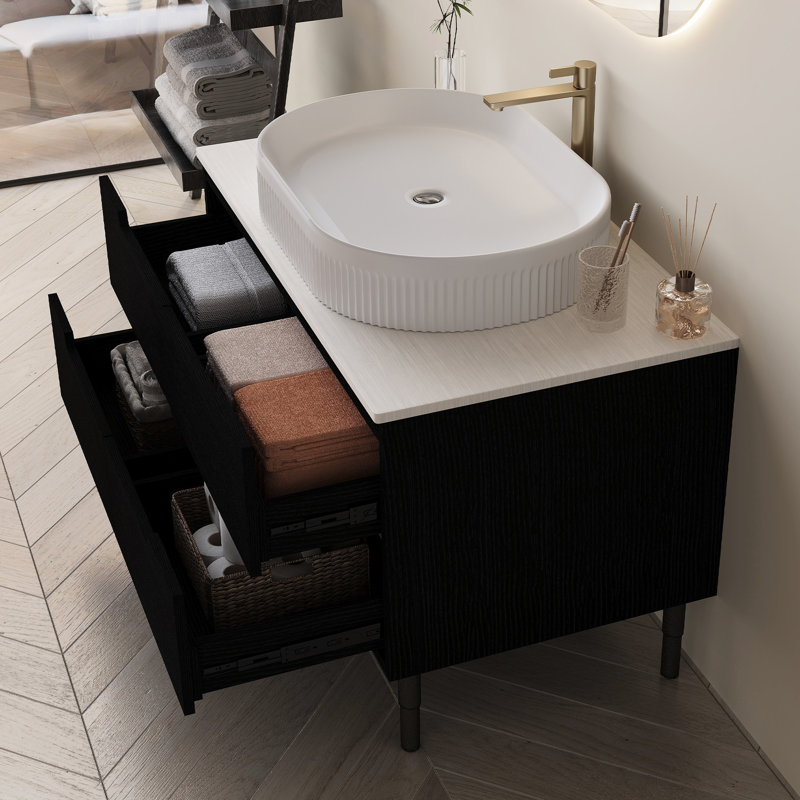 Meuble-lavabo contemporain de 36 po, montage 2-en-1, lavabo en céramique et mécanisme de tiroir à fermeture en douceur, meuble-lavabo moderne avec tiroirs silencieux intégrés, pieds en métal réglables pour les surfaces inégales