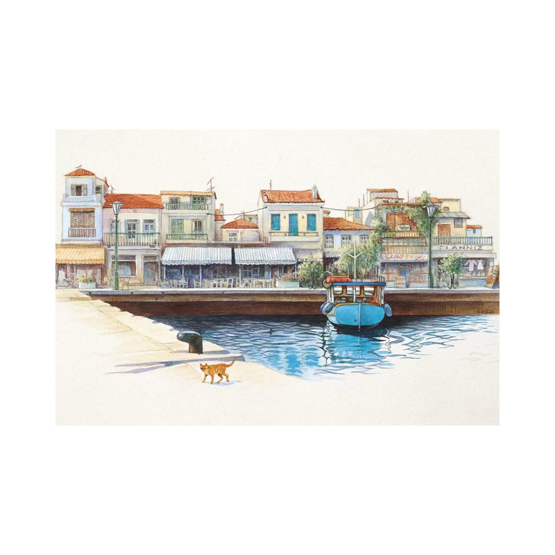 Greek Cat By The Harbour by Ivory Cats - Wrapped Canvas Painting, 20.32 cm H x 30.48 cm W