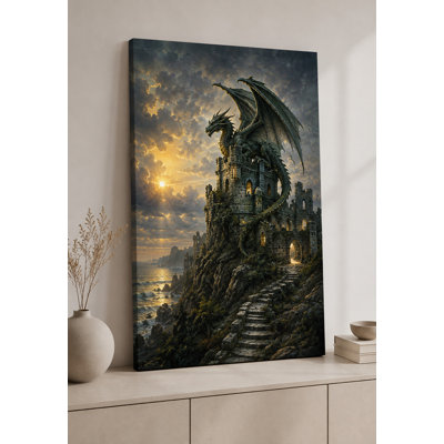 Reproduction d'art sur toile 24 x 36 pouces, grand dragon côtier, impression sur toile, dragon fantaisiste pour salon, bureau, décor médiéval, thème de la nature