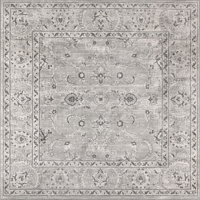 Tapis persan gris pâle rétro moderne Laxton, Carré 6 pi 7 po