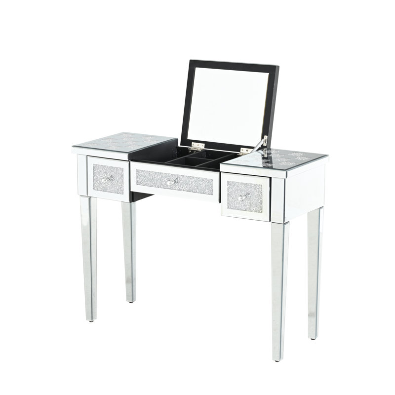 Meuble-lavabo à miroir en argent serti miroir avec miroir Flip et incrustation de diamant