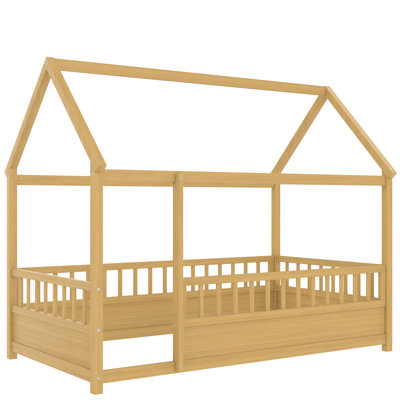 Natural Twin Bed Frame With Roof And High Fence, Crafted From Pine, Stable , Safe For Frame, Pine Plywood,