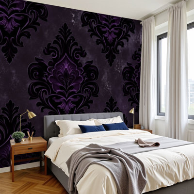 Vintage Damask Peel and Stick Wallpaper Elegant Dark Purple Black Damask Ornate Floral Motifs Wall Murals 100"H x 144"W Removable PVC Wall Paper Self-Adhesive Wall Decor for Bedroom Living Room Home Office