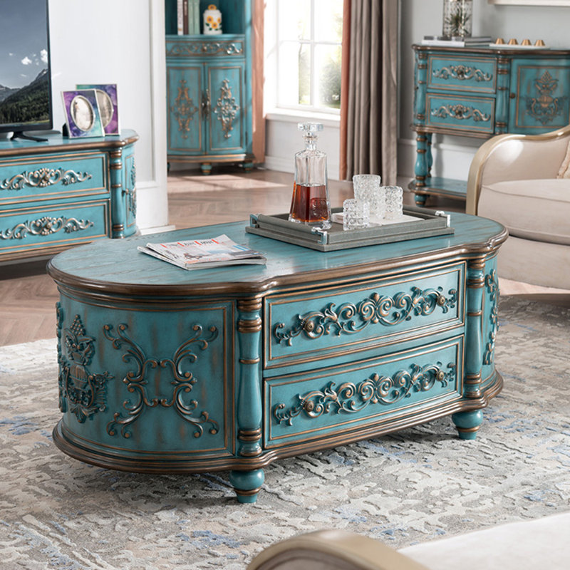 Table basse en bois de style américain, Bleu, Bleu, H 22 po x L 48 po x l 23,6 po