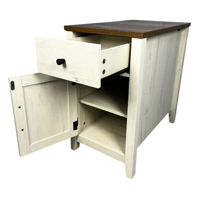Table de chevet avec rangement et fonction de charge, brun blanc, pour la chambre à coucher, porte de grange de table de bout de salon, style moderne