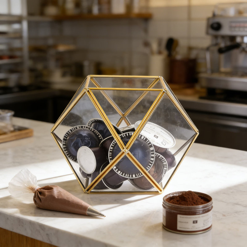 14-Sided Glass Coffee Pod Holder With Gold Accents, Large Capacity Storage Organizer For K-Cups, Nespresso Capsules, Tea Bags, And Kitchen Counter Essentials