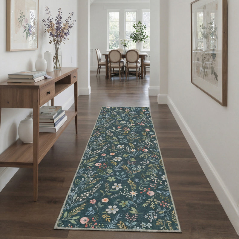 Cogswell BloomScape Floral Machine Washable Blue / Green Indoor Area Rug with Non-Slip Backing, Runner 2'6" x 8'