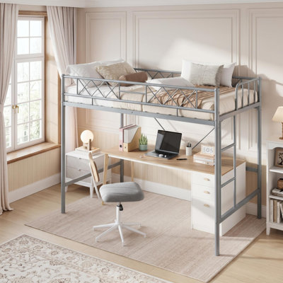 Structure de lit mezzanine simple en métal avec barrière de sécurité et échelle, sans sommier, gris