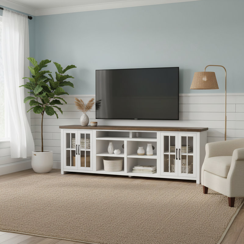 Meuble télé Brixham de 96 po pour téléviseur de 100 po ou moins, entièrement assemblé, Blanc / bois de grange