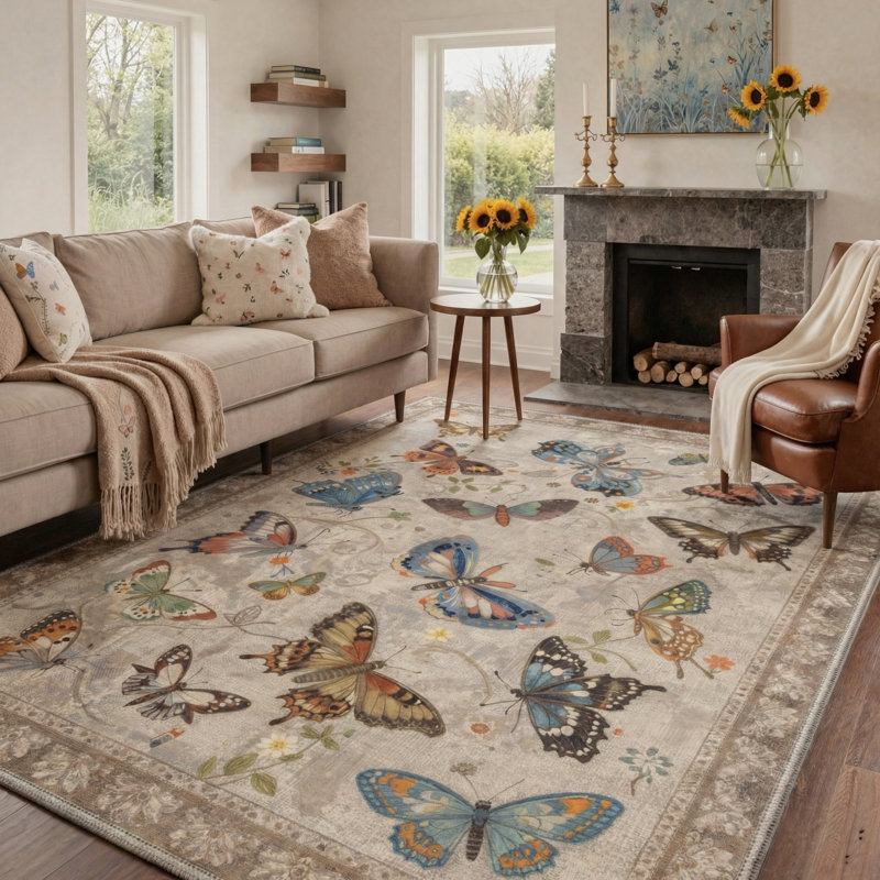 Adonis Aura Floral Butterflies Machine Washable Beige / Brown Indoor Area Rug with Non-Slip Backing, Rectangle 6' x 9'