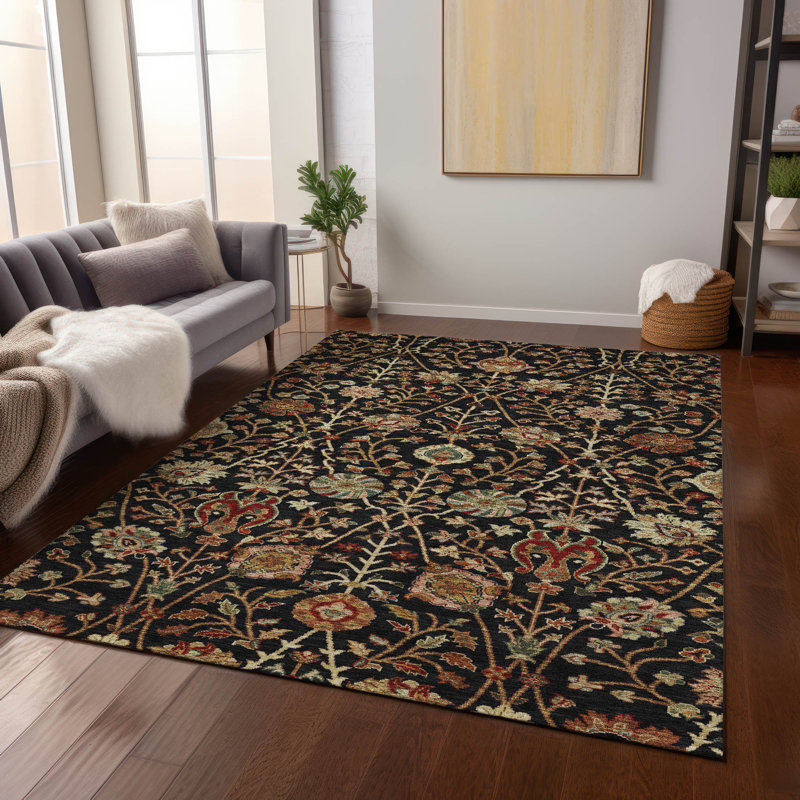 Black Floral Synthetic Rectangular Washable Area Rug