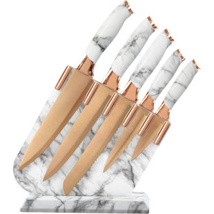 Ensemble de couteaux de cuisine en acier inoxydable 6 pièces avec lame arc-en-ciel antiadhésive, poignée en marbre blanc et bloc de rangement en acrylique